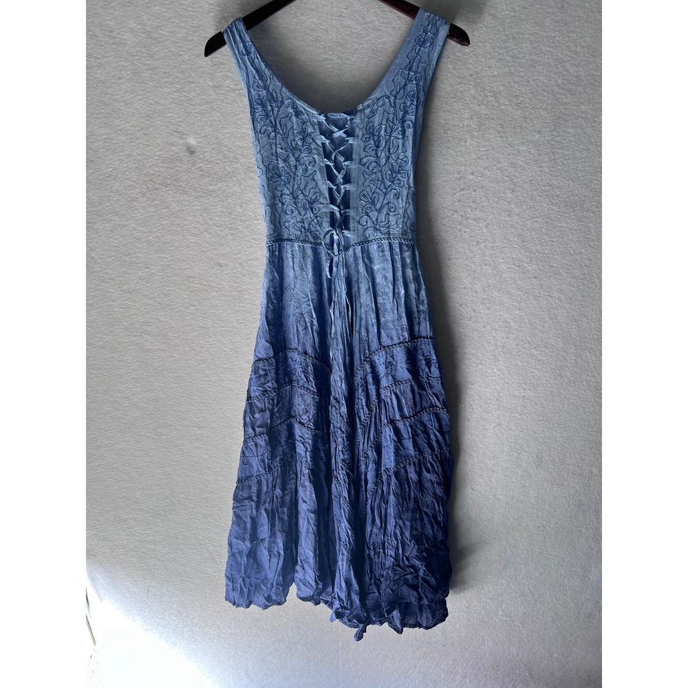 Fairy Embroidered Lace Up Midi Dress Boho Tiered Smocked Back Renascence